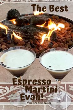 two martinis sitting next to each other in front of an open fire pit with the words, the best espresso martini ever