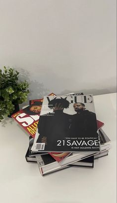 three magazines stacked on top of each other next to a potted plant with leaves