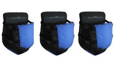 three blue and black backpacks sitting next to each other