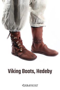 the legs and ankles of a person wearing boots, with text over them that reads viking boots, hedbby