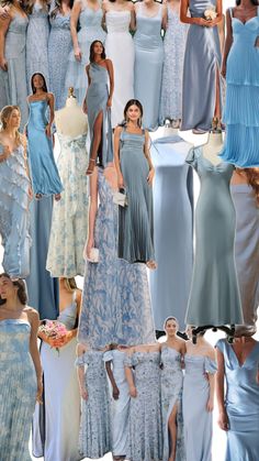 many different types of dresses and gowns on display in a collage with the same color