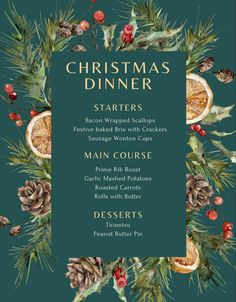 the christmas dinner menu with pine cones, oranges and other holiday foods on it