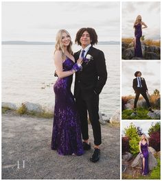 Prom Dresses With Matching Suit, Dark Purple Prom Dress Couples, Prom Purple Couple, Dark Purple Hoco Couple, Purple Homecoming Couple