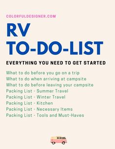 the rv to do list is shown in blue and pink, with an image of a van