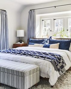 a bedroom with blue and white bedding in it