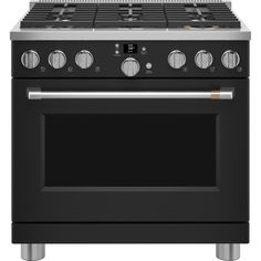 a black oven with two burners and three burners on the front, in stainless steel