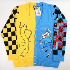 three children's cardigans with cartoon characters on them, all in different colors