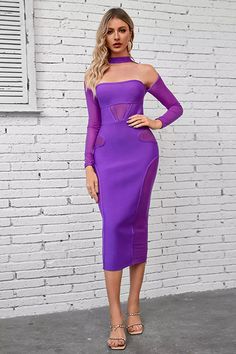 The Noa Purple Mesh Bandage Midi Dress is sure to wow the crowd at your next special event! An elegant shade of violet is the romantic signature of this dress. The mesh section accentuates the attractive lines. Open back with concealed zip detail. Pairing it with stilettos is a great way to the party.  Dress Length: Approx 116cm Materials: Bandage Gentle Dry Clean Only  Model is 5 ft 7 and wears size S  Colour may vary due to lighting on images. The product images (without model) are closest to Dress Banquet, Glitter Wedding Dress, Bodycon Evening Dress, Shades Of Violet, Mid Calf Dresses, Bandage Midi Dress, Dress Sleeve Styles, China Dress, Puff Sleeve Dresses