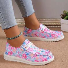 Women's Floral Pattern Print Canvas Shoes, Slip-On Loafers with Lightw Spring Slip-on Sneakers, Lace-up Canvas Shoes For Summer, Fabric Sneakers With Round Toe For Spring, Spring Fabric Sneakers With Round Toe, Spring Fabric Sneakers, Trendy Spring Canvas Slip-on Sneakers, Spring Slip-ons With Flat Bottom, Trendy Fabric Canvas Shoes, Summer Canvas Slip-on Sneakers With Round Toe