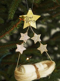 an ornament hanging from a christmas tree with five stars on it and the words true story written in gold