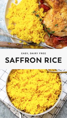 saffroni rice in a pan with the words easy dairy - free saffroni rice