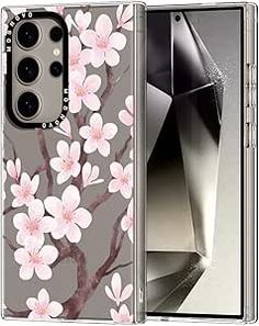 the back and sides of an iphone 11 case with pink flowers on it, both in clear