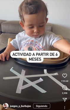 a baby sitting in a high chair with the words actividad a partir de 6 meses