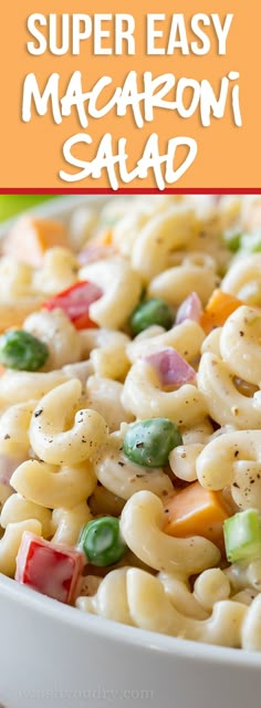 macaroni salad in a white bowl with text overlay