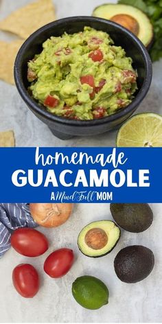 a bowl filled with guacamole surrounded by avocado and tomatoes