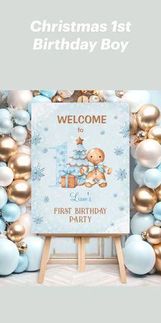 a baby's first birthday party sign with balloons and snowflakes in the background