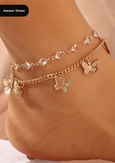 Details:Rhinestone, Butterfly Occasion:Wedding Body Jewelry Material:Copper Color:Yellow Gold Gender:Women Magnetic:No Type:Anklet قلادات متدلية, Butterfly Anklet, Preppy Jewelry, Pretty Jewelry Necklaces, Ankle Jewelry, Anklets Boho, Women Anklets, Jewelry Accessories Ideas, Classy Jewelry