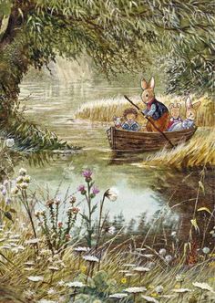 a painting of two rabbits in a boat on a river with grass and flowers around them