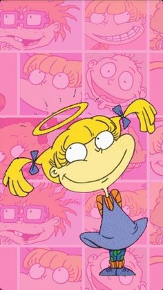 a cartoon character with blonde hair and an angel on her head, standing in front of pink squares