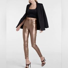 Express Jeans Metallic High-Waisted Faux Leather Skinny Pants In Brass/Copper Trendy Metallic Leggings For Fall, Trendy High Waist Gold Pants, Trendy Metallic Leather Pants For Party, Sleek High Rise Pants For Fall, Sleek Fitted Bottoms For Fall, Sleek High-rise Fall Pants, Trendy Metallic Leggings For Night Out, Gold High Waist Pants For Night Out, Sleek Metallic Bottoms