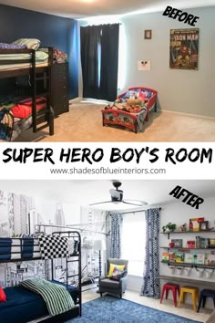 Superhero Shared Bedroom, Bunk Bed Superhero Room, Boys Super Hero Bedroom Ideas, Boys Rooms With Bunk Beds, Superhero Bunk Bed, Lego Superhero Bedroom, Bunk Bed Boy Room, Kindergarten Boy Bedroom Ideas, Boys Room With Bunk Beds Ideas