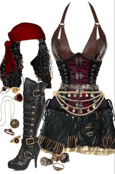 Pirate Outfit One Piece, Pirates Clothes Female, Punk Pirate Outfit, Descendants Dr Outfits, One Piece Oc Outfit Ideas, One Piece Outfit Ideas Oc, Descendants Aesthetic Outfits, One Piece Oc Female Pirate, Pirate Fashion Women