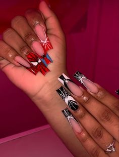 Spiderman Acylic Nails, Long Spider Man Nails, Black Spiderman Nails, Simple Spiderman Nails, Spider Man Nails Acrylic, Spiderman Acrylic Nails, Spidey Nails, Spiderman Nails Acrylic, Nails 2023 Acrylic