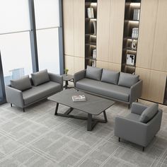 a living room filled with furniture and bookshelves next to a wall mounted bookcase