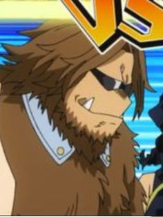 an anime character with long hair and beards standing next to another character in front of water