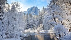 a river surrounded by snow covered trees in front of a tall mountain with a sky background