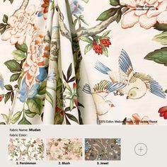 an image of fabric with flowers and birds on it, including the color scheme for each piece