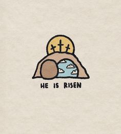 a drawing of a church with the words he is risen on it's side