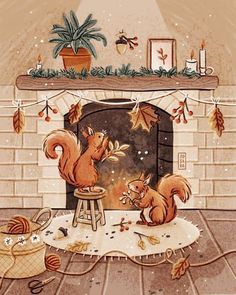 a painting of two squirrels in front of a fireplace