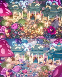 an image of a fairy land with lots of pink and purple decorations on it, including mushrooms