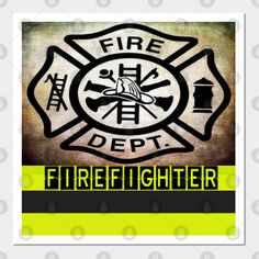 a fire department logo with the words firefighter in yellow, black and white letters