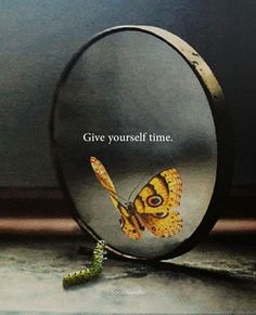 a magnifying glass with an image of a butterfly on it and the words give yourself time