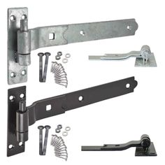 an assortment of hardware and latches on a white background