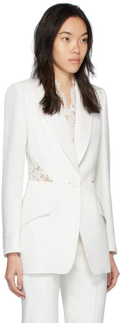 Alexander McQueen: White Lace Crepe Blazer | SSENSE Alexander Mcqueen White, Alexander Mcqueen Clothing, Houndstooth Coat, Crepe Blazer, Gucci Outfits, Lace Jacket, Tweed Coat, Tall Women, Sheer Lace