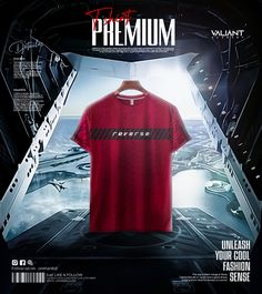 a red shirt is hanging on a rack in front of a poster for the movie