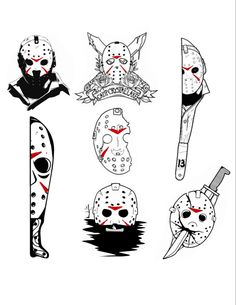 four different types of hockey masks with red eyes and one has a knife in his mouth