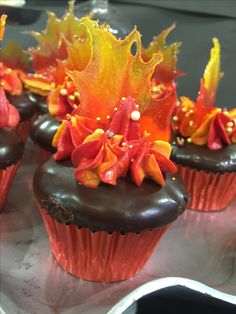 cupcakes decorated with flowers and chocolate frosting