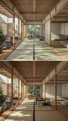 two pictures of the inside of a japanese style house with tatami mats on the floor