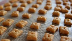 there are many squares of food on the baking sheet