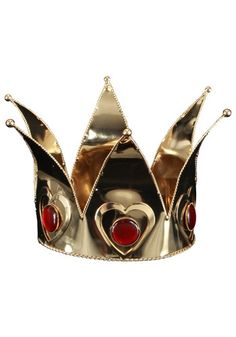 a gold crown with red stones in the middle and two hearts at the top, on a white background