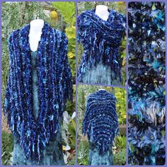 "Moody Blues" hand knitted triangle shawl. I have hand knitted this beautiful, lagenlook plus size, romantic hippie style, fringe triangle wrap with an assortment of luxury, multiple shades of dark blues with a touch of black and dark purple with multi textured yarns and a silver sequin yarn for a subtle sparkle. (Please be aware colors show differently on various devices) This warm winter shawl measures (without fringe) approx. 176 cm across the top edge and 90 cm long down the center to the bo Handmade Shawl Knitting Pattern For Winter, Handmade Knitting Pattern For Winter Shawl, Handmade Winter Shawl Knitting Pattern, Blue One Size Shawl For Winter, Blue One-size Winter Shawl, Hand Knitted Blue Shawl One Size, Hand Knitted Blue Shawl For Winter, Knitted Yarn Shawl, One Size Knitted Shawl In Acrylic Yarn