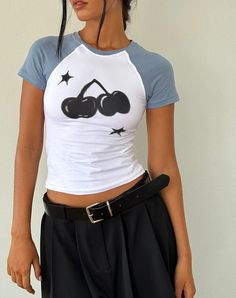 White with faded Denim Cherry Print Baby Tee | Agneta – motelrocks-com-us Vintage Y2k Aesthetic, Pinterest Uk, 2000s Clothing, Trendy Tees, Preppy Vintage, Skirt Model, Vintage Crop Tops, Grunge Vintage