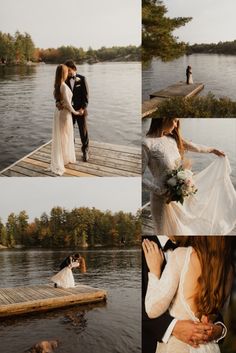 a bride and groom standing on a dock by the water