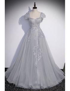 10% off now! stylish grey tulle prom gown with long sleeves and embroidered sequins online. Sheprom offers formal, party, casual & more style dresses to fit your special occasions. Light Grey Prom Dress, Lace Long Prom Dress, Grey Evening Dresses, Grey Prom Dress, Long Formal Dress, Gaun Fashion, A Line Evening Dress, Chique Outfits, Lace Party Dresses