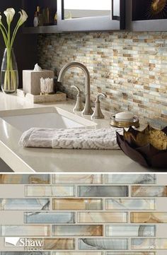 two pictures of the same kitchen counter top and backsplash, with different tile designs