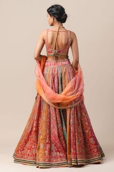 Buy Multicoloured organza lehenga with zari embroidery -Designer Wear - Ensemble Sheer Blouse Outfit, Desi Party, Lehenga Outfit, Chania Choli, Lengha Blouse Designs, Sari Lehenga, Mehndi Outfit, Ethnic Wears, Blouse Sari